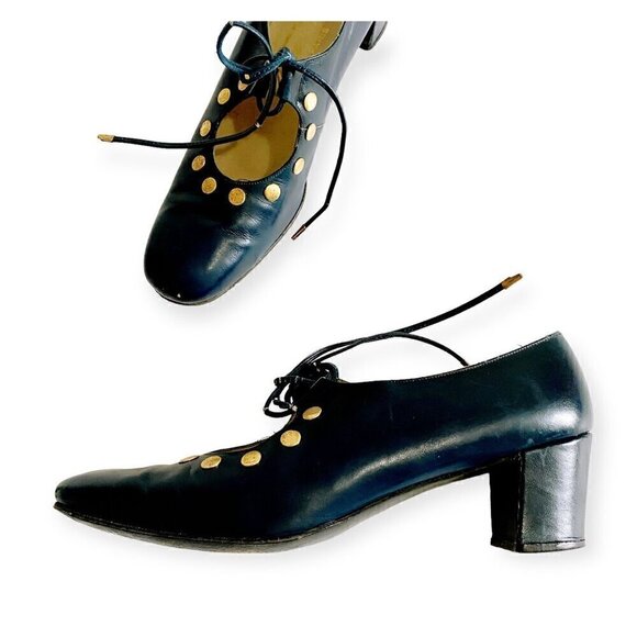 Vintage Roger Vivier Navy Blue Leather Ghillie Pumps with Metal Ornamentation, N - Picture 6 of 16